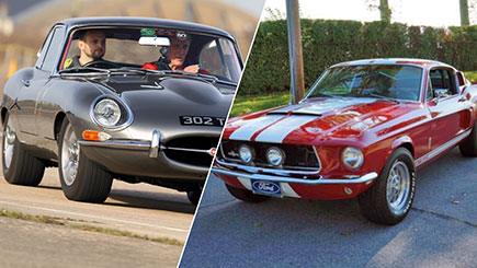 E-type Jaguar Versus Classic Mustang Driving